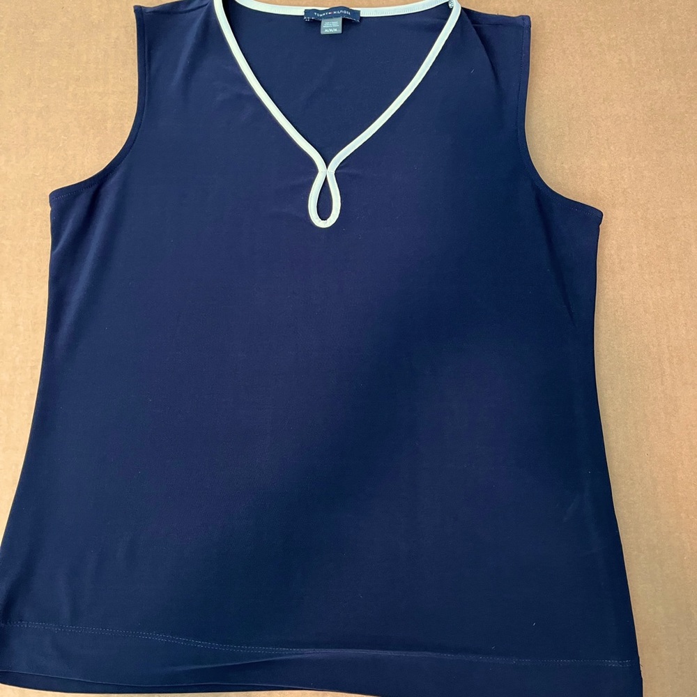 TOMMY HILFIGER woman’s size M, dark navy blue with white trim around neck tank